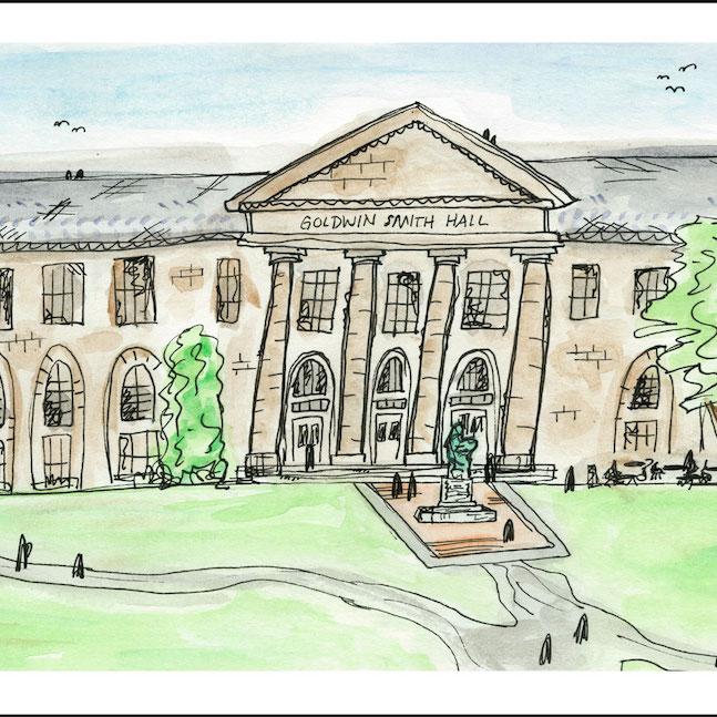 		Colorful drawing of a stone academic building with pillars
	