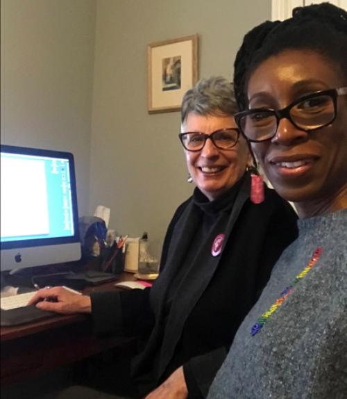 		 Lyrae van Clief-Stefanon and Sue Perlgut editing their video
	