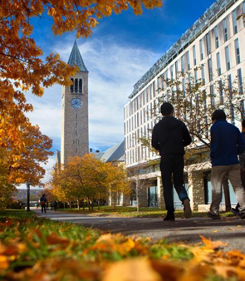 		 Two people walk past a building; fall leaves
	