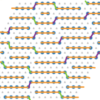 		abstract pattern featuring green dots in neat rows, intersected by orange lines
	