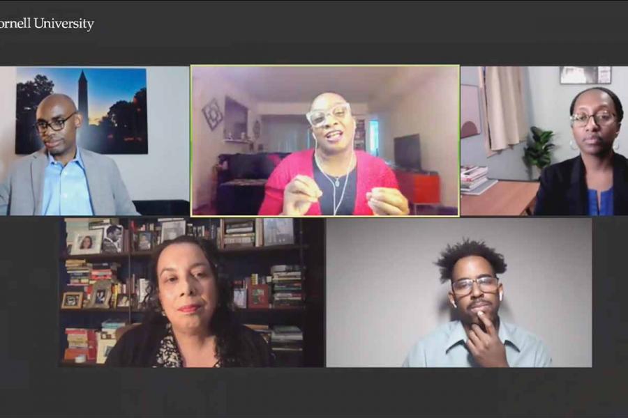 Screen shot of five people during an online webinar