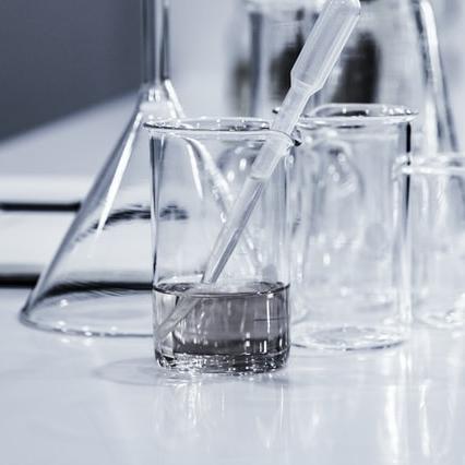 Lab beakers, one partly filled with liquid
