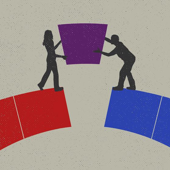 Illustration: two figures set a purple key stone into a red and blue arch