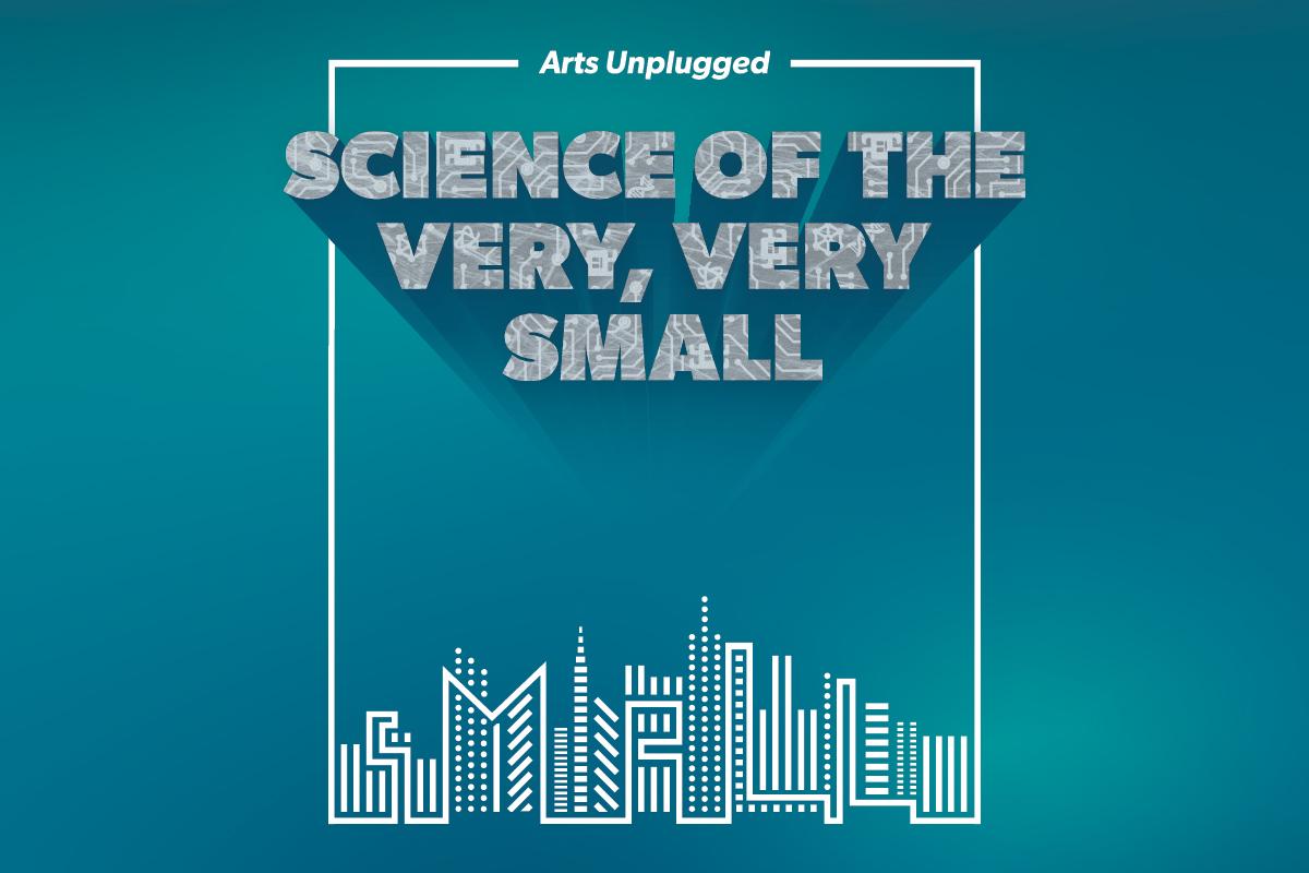Logo for the Arts Unplugged showing an outline of a city with computer like design, spelling out "small"