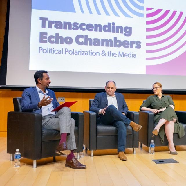 Dean Ray Jayawardhana (left) moderates “Transcending Echo Chambers: Political Polarization and the Media” with panelists Andrew Morse ’96, S. E. Cupp ’00, Matthew Hiltzik ’94; and Alexandra Cirone, assistant professor of government.