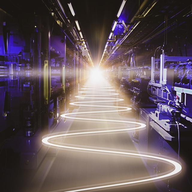 A gold swirving line leads toward a bright vanishing point through a dark purple tunnel