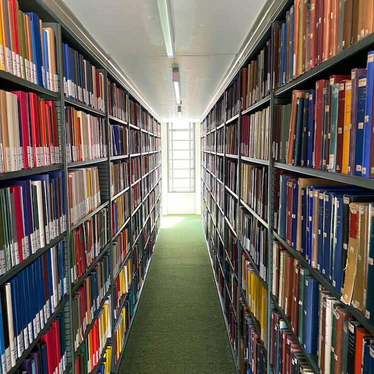 		Looking through floor to ceiling book shelves in a library, toward a bright window
	