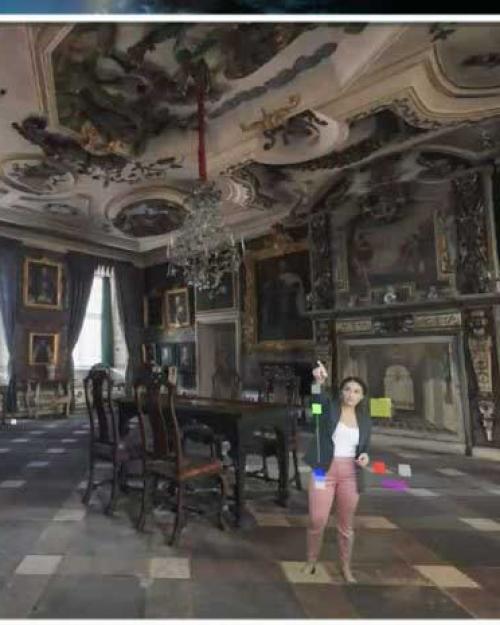 Digital image of a person in a grand room 