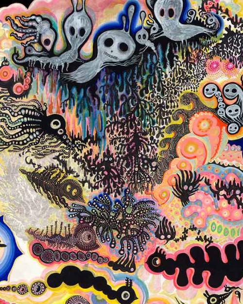 colorful illustration featuring ghosts