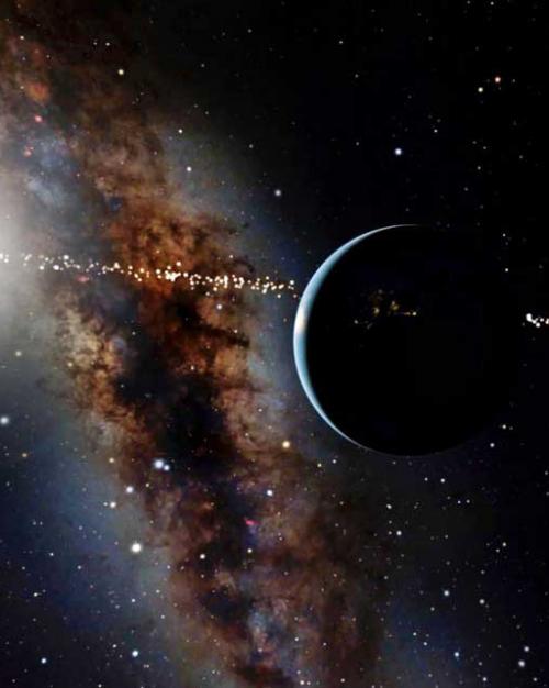 A planet with stars and a dark sky in the background
