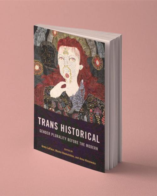 The cover of Trans Historical showing a person with long red hair and a mustache. 