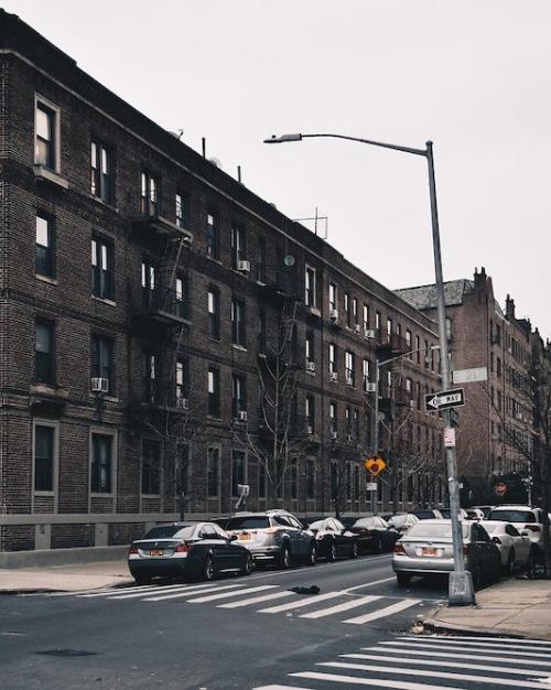 Apartment building on a gloomy street