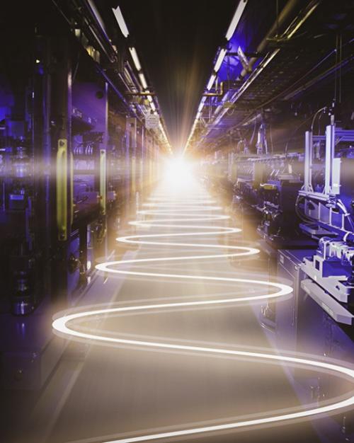 A gold swirving line leads toward a bright vanishing point through a dark purple tunnel