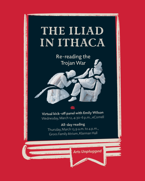 Greek statue broken up with words "The Iliad in Ithaca"