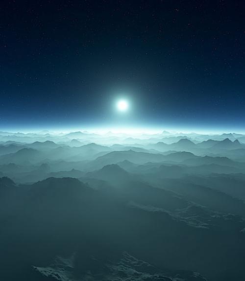  a small white star over white cloud-covered mountains